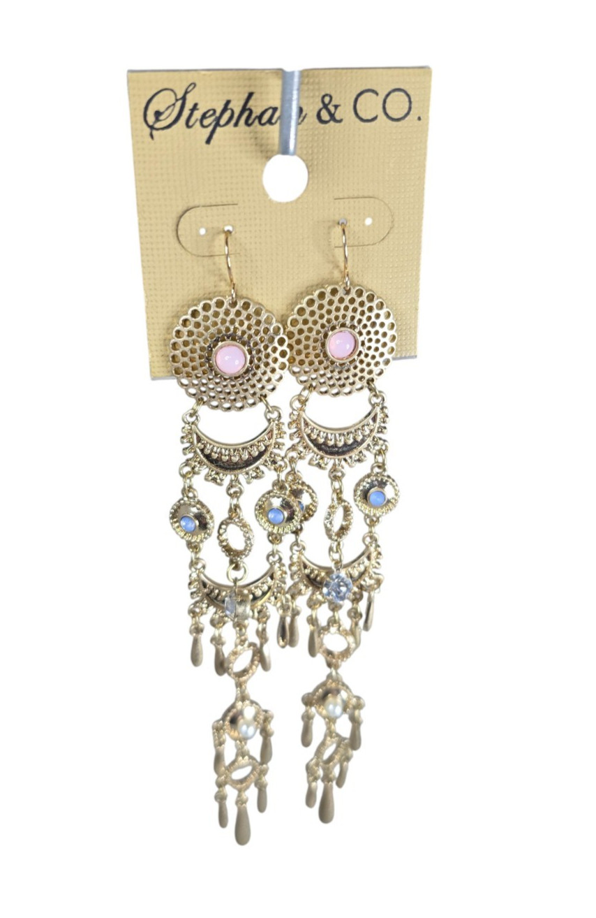 Stephan & Co Women’s Trendy Long Gold Tone Pink, Blue Rhinestone Earrings NWT