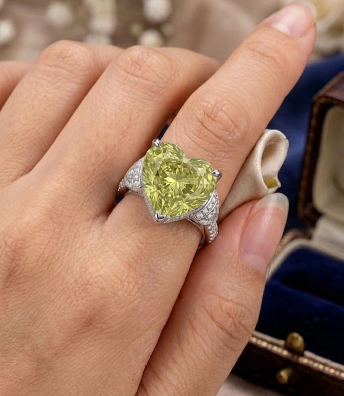 8.00 Ct Certified Heart Shape Yellowish Green Natural Diamond Engagement Ring