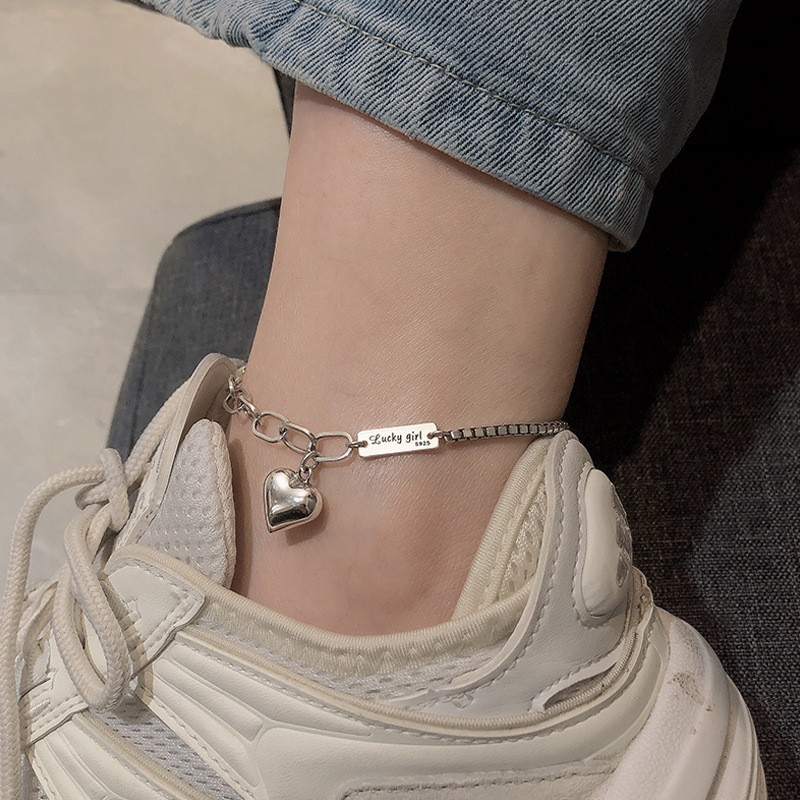 Ladies 925 Silver Stamped Heart Pendant Ankle Bracelet 16cm + 5cm Extension