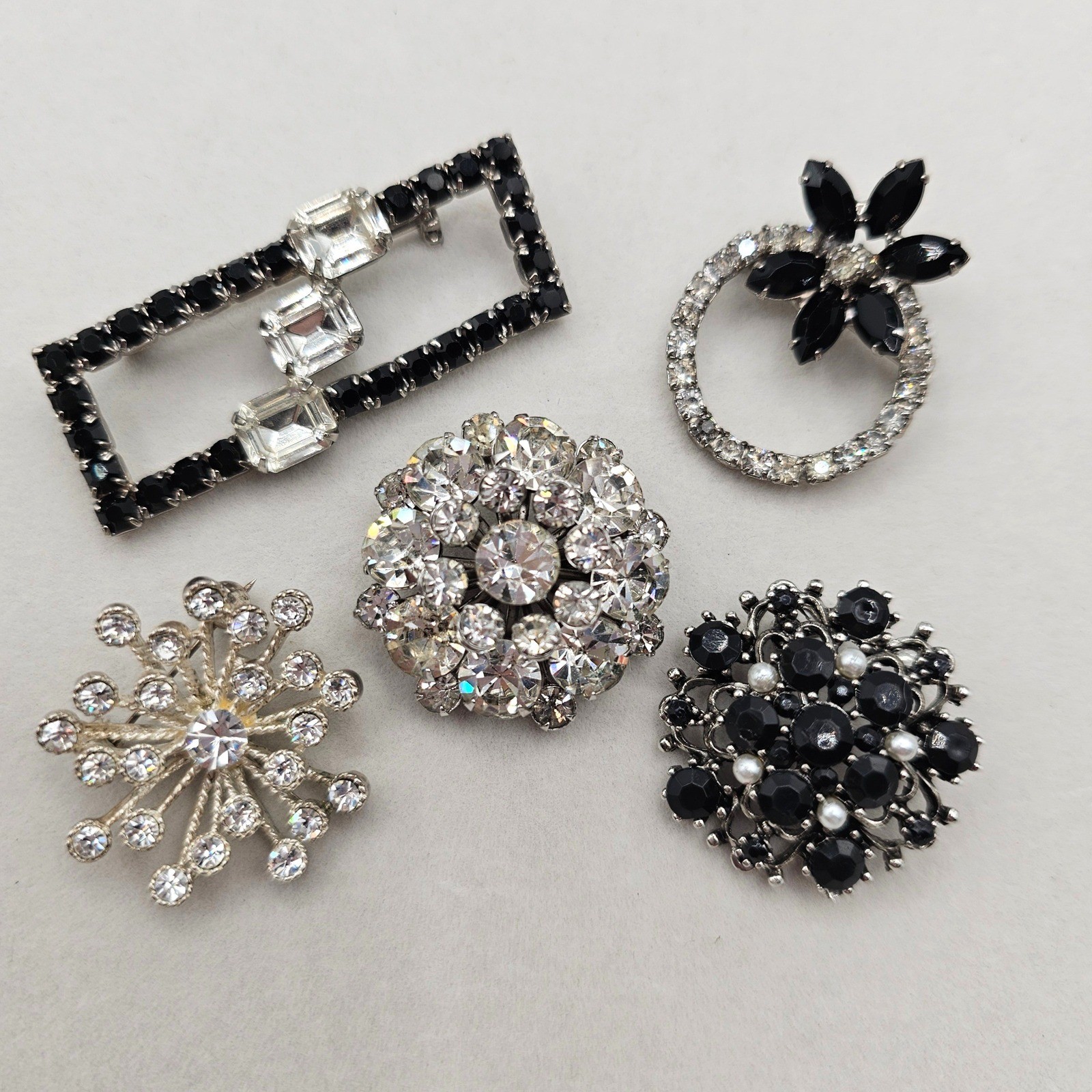Clear & Black Rhinestone Brooch Lot 5pc Silver Tone Mixed Styles Formal Pins