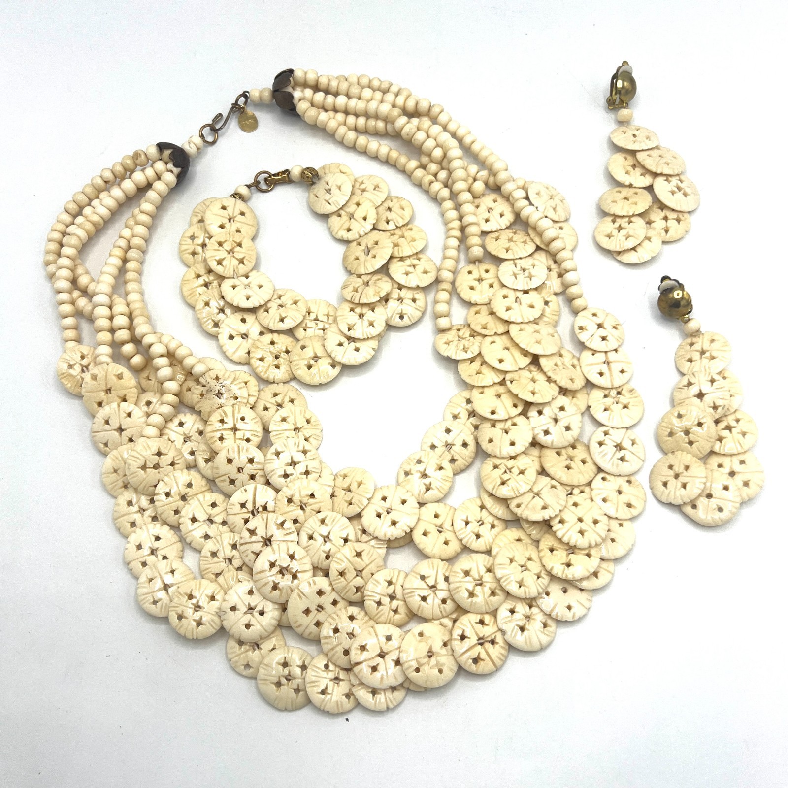 Anka Vtg Necklace, Bracelet and Earrings Set Multi Strand Disc Statement-3 pcs.
