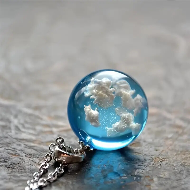 New Blue Sky White Cloud Transparent Ball Shape Resin Pendant Necklace Jewelry