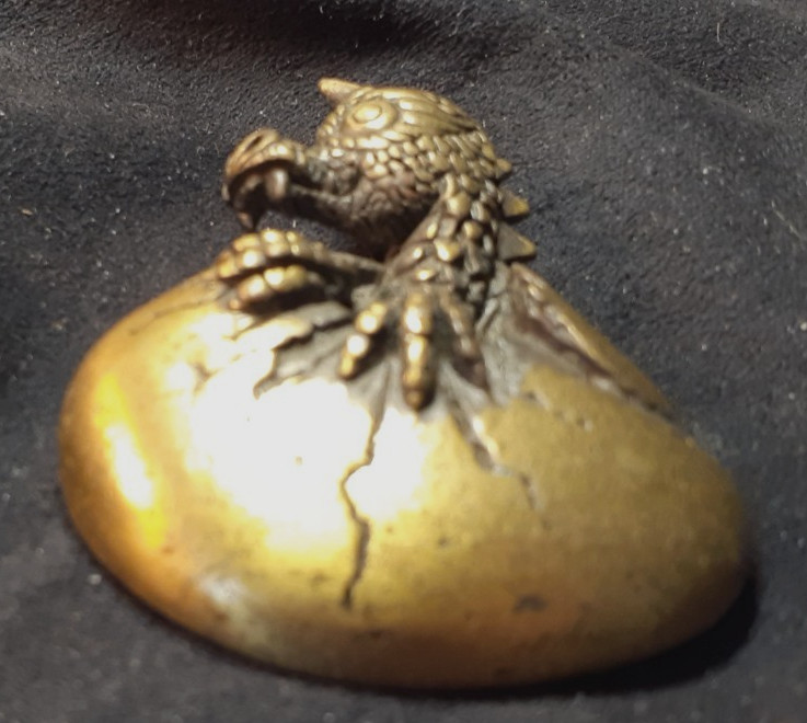 Vintage BRASS Hatching DRAGON 2″ PIN /Broach /maker’s mark “JJ”