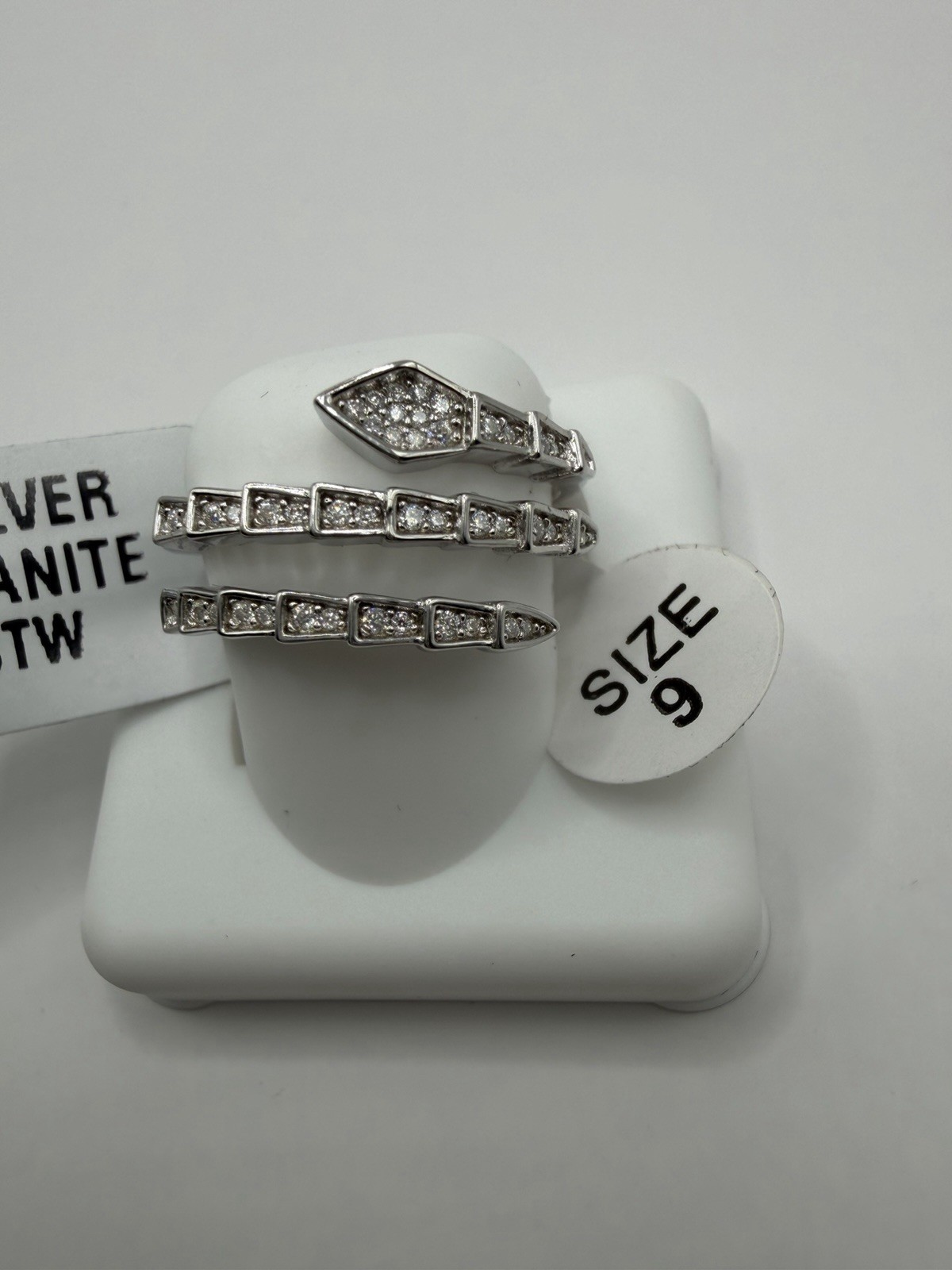 #R76 Stamped 925 Sterling Silver Moissanite Snake Wrap Band Ring Size 9