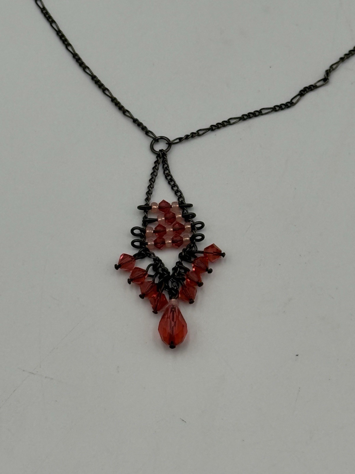 Artisan Red Crystal Beaded Pendant Necklace Gunmetal Wire Wrapped Chandelier
