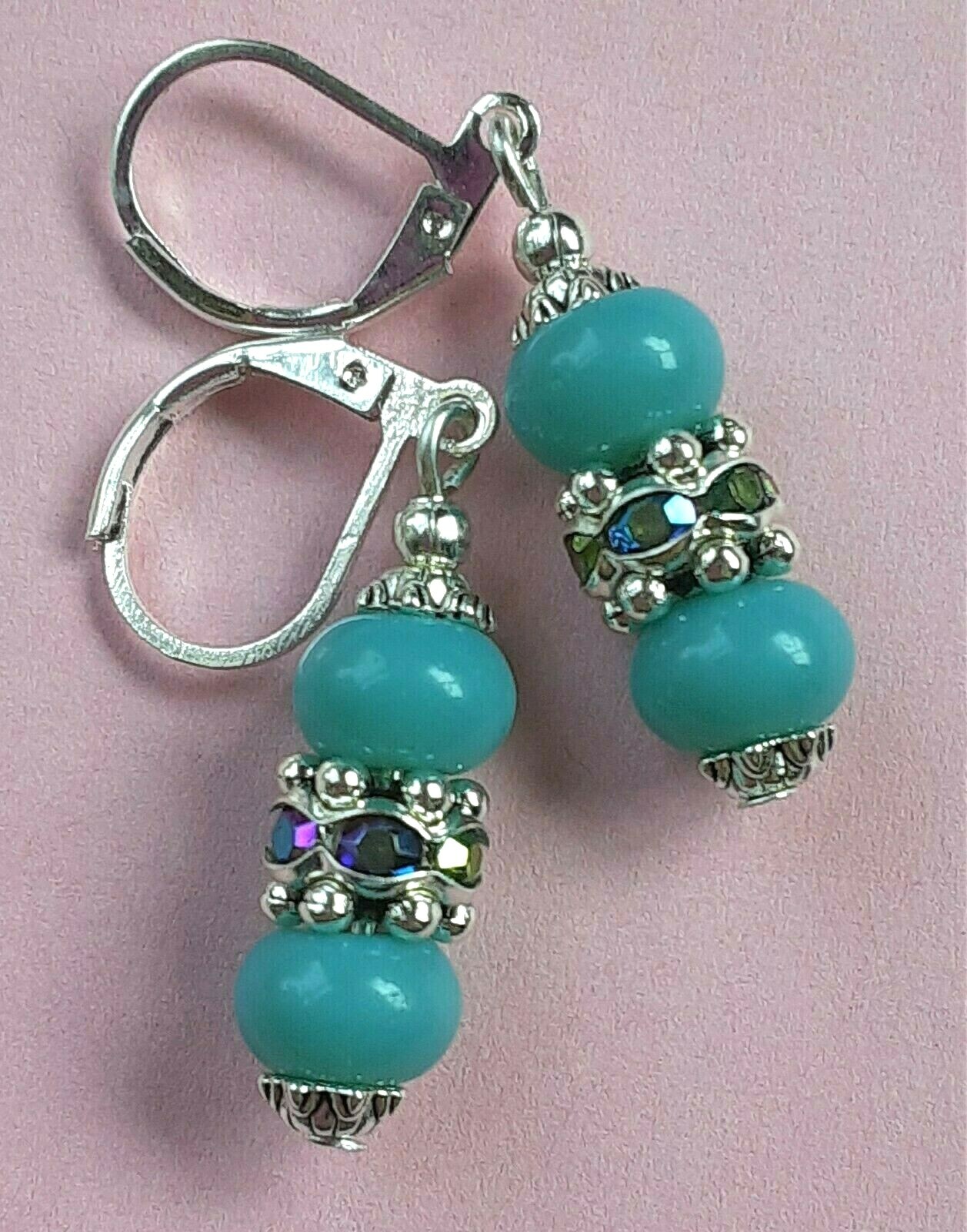 TURQUOISE JADE AB Crystal Ring drop earring SP LEVERBACK handcrafted