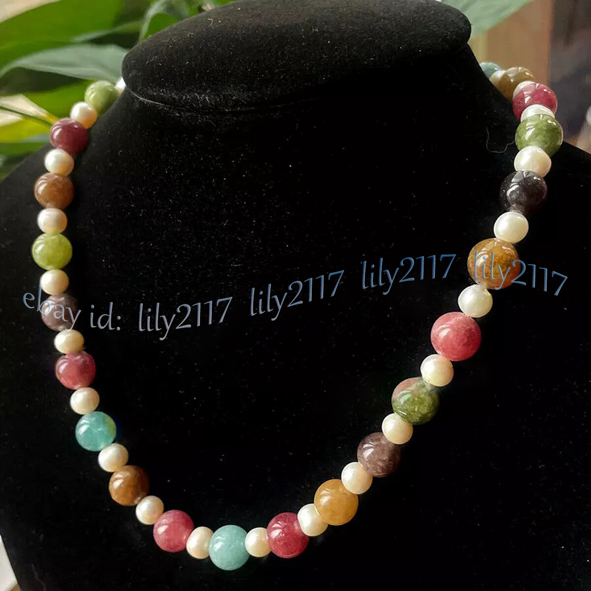 10mm Natural Multicolor Tourmaline Round Gems 7-8mm White Pearl Necklace 14-48in