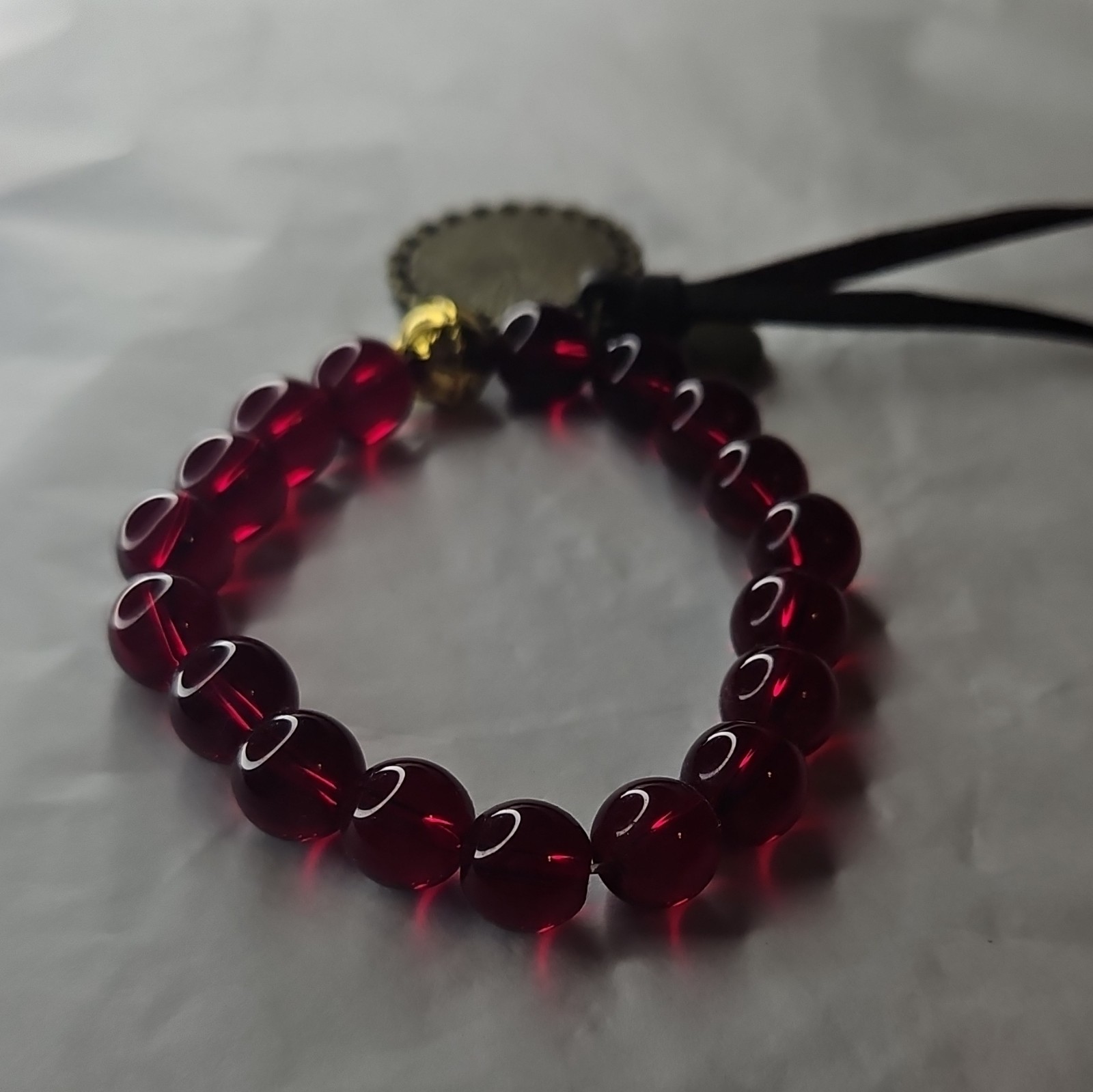 Red/Gold/Black Beaded Stretch Bracelet w/ Dangle Charm Crystal Disc Tassel