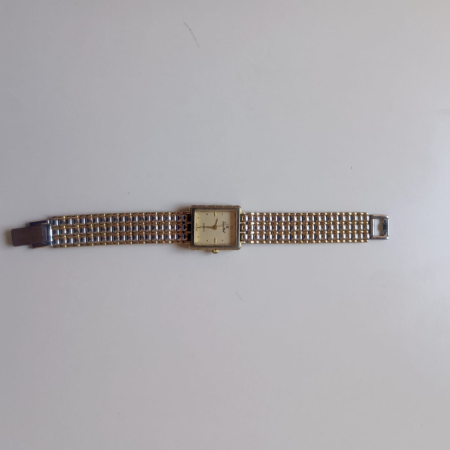 Vintage FE Excellent Quartz Watch Two Tone Gold Silver Square Tank Unisex Japan