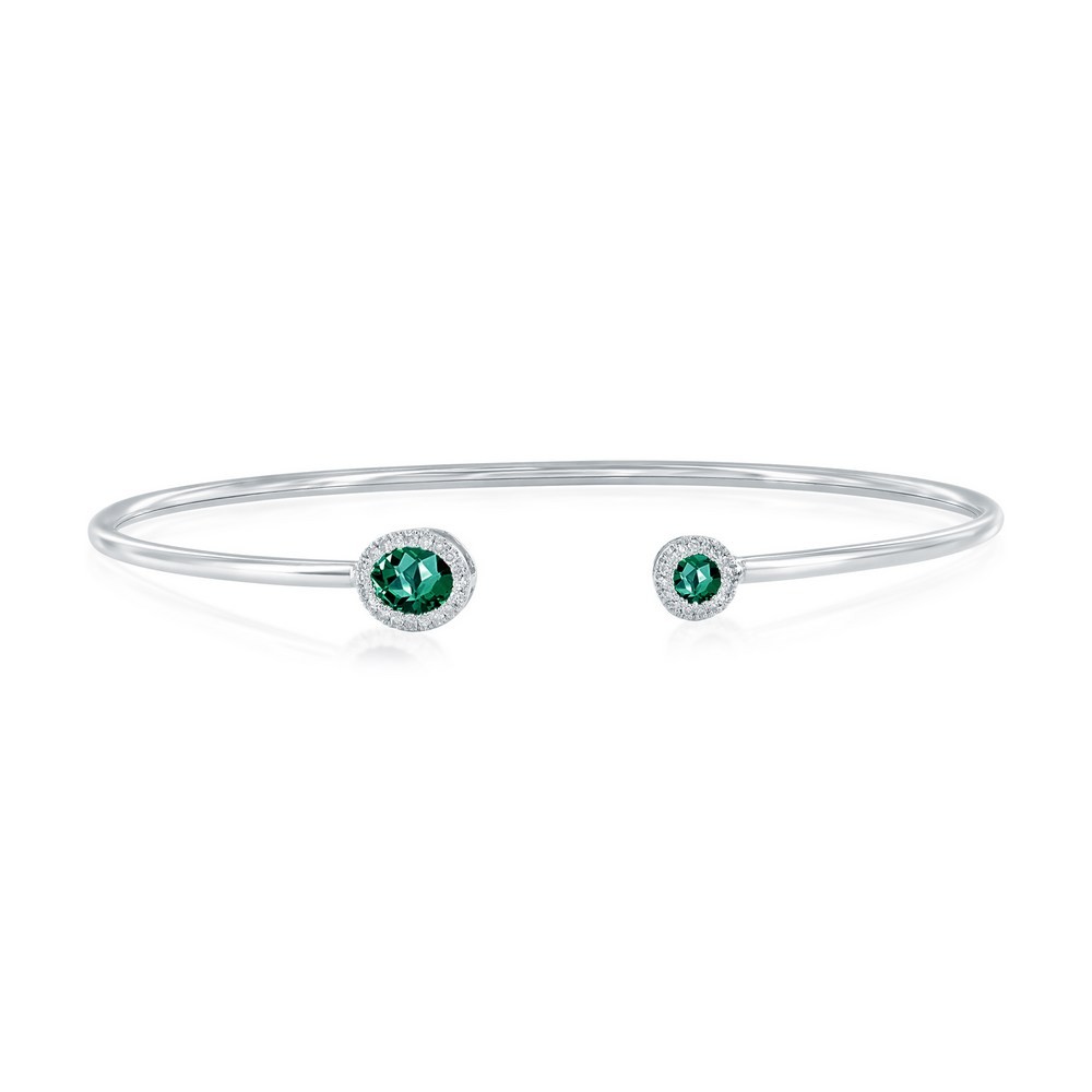 Sterling Silver Lab-Grown 0.54ct Emerald & 0.11ct Natural Bangle Rhodium Plated