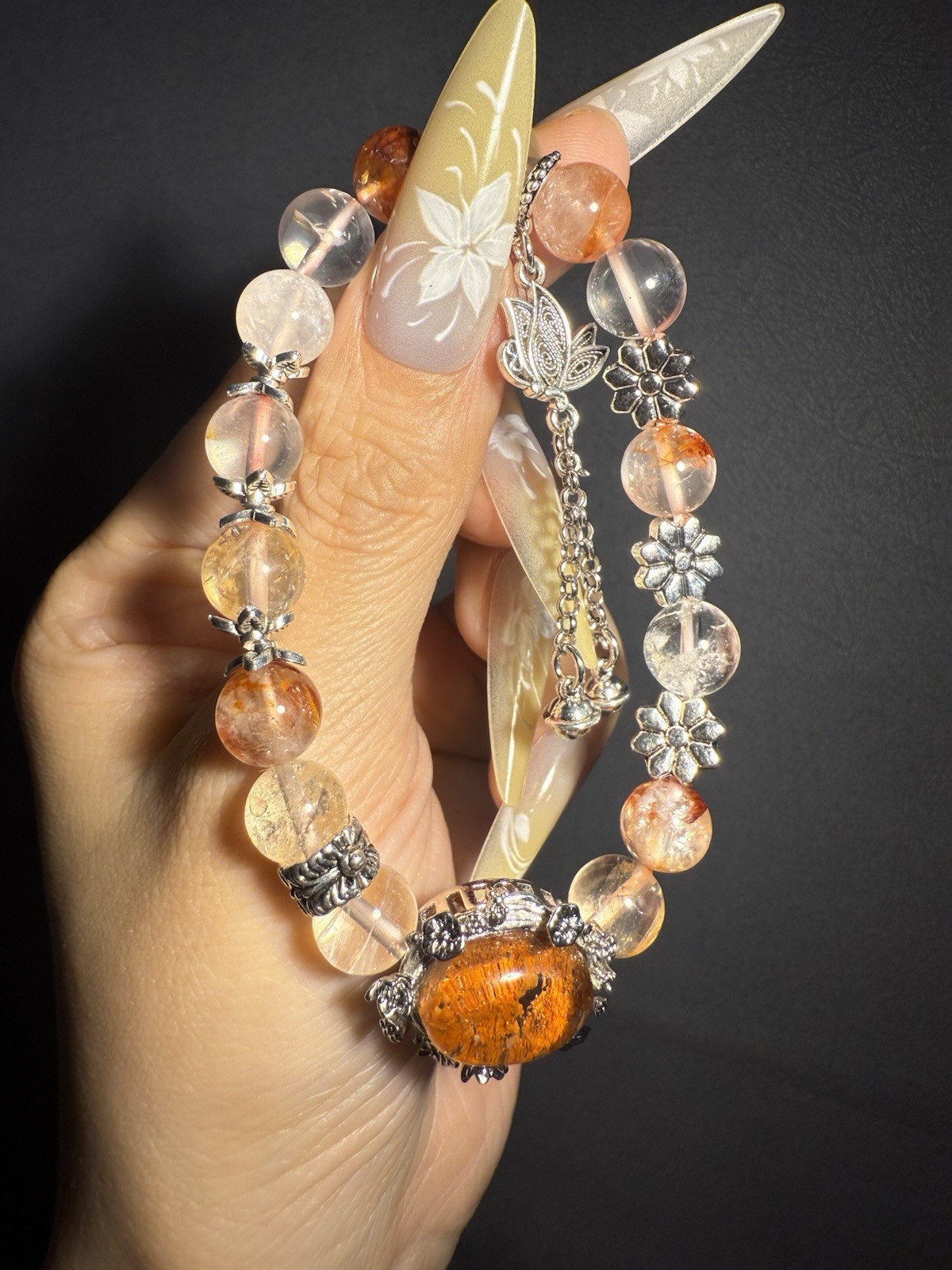 9.2mm High Grade Natural Fire Hematoid Crystal/ Phantom Crystal Charm Bracelet