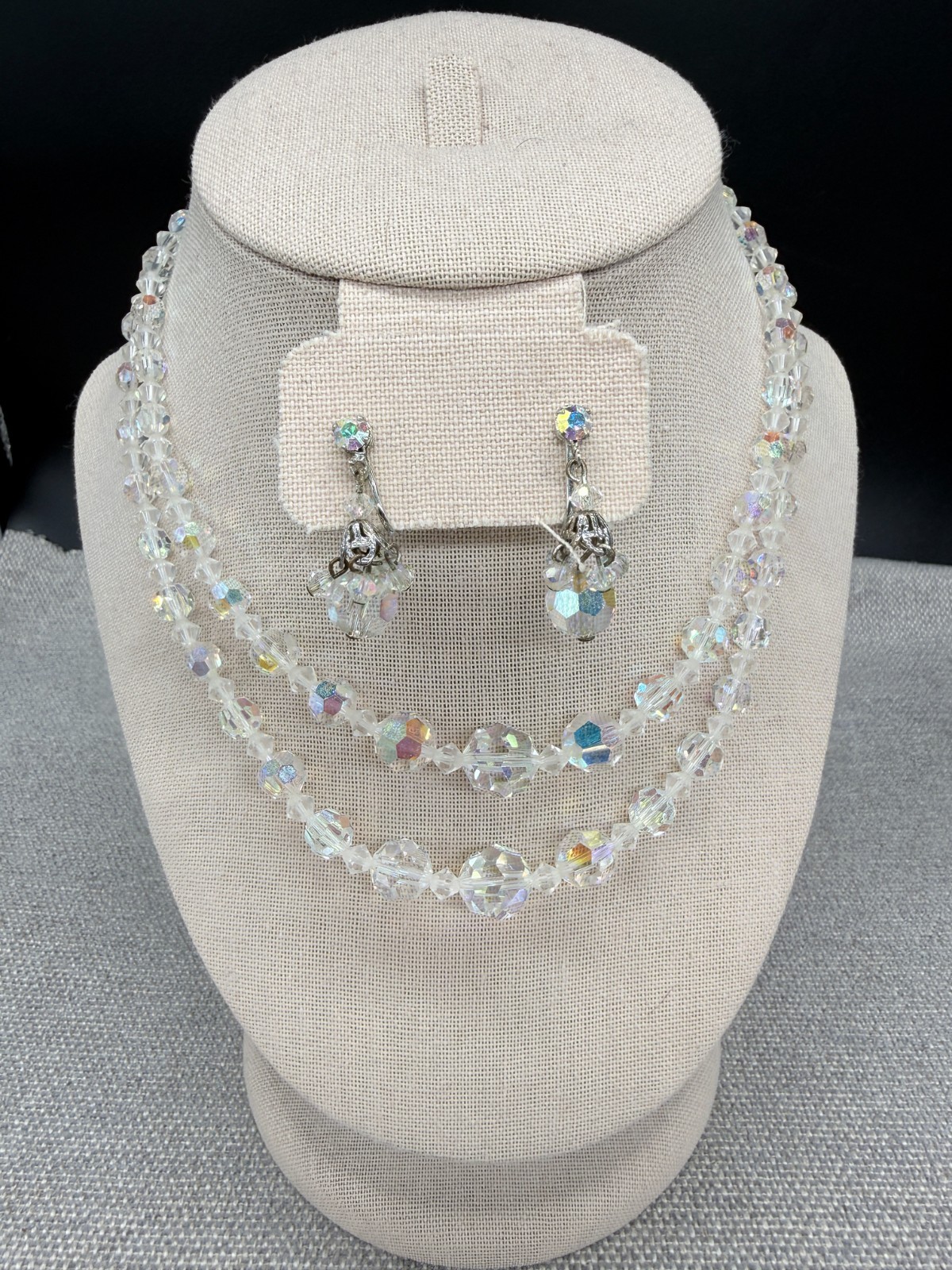 Vintage Necklace Earrings Jewelry Set Faceted AB Crystals Double Strand Clip Ons