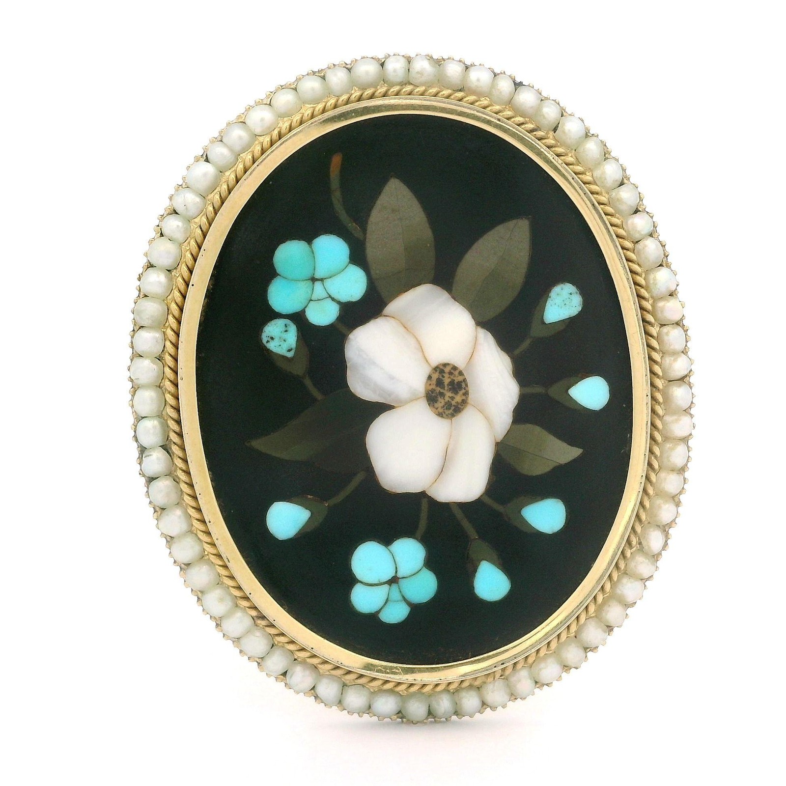 Vintage Solid Yellow Gold Pietra Dura Inlaid Floral Work Pearl Halo Pin Brooch