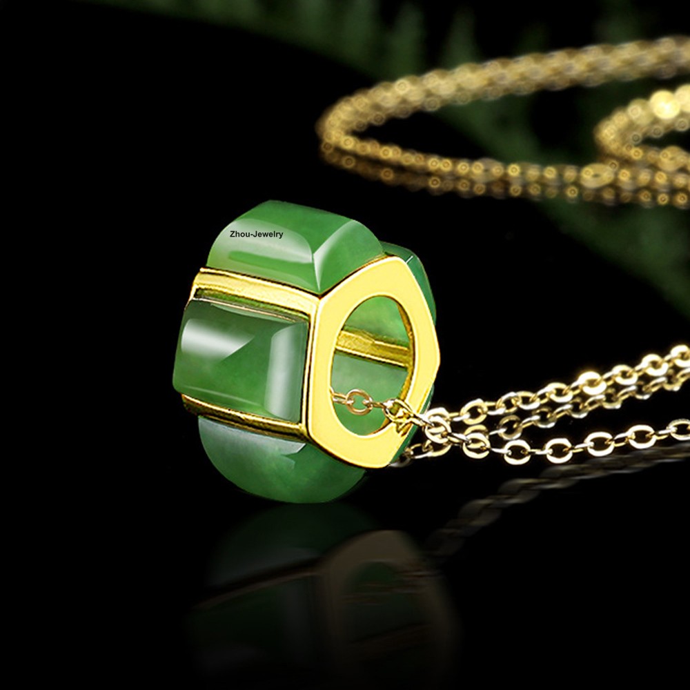 Natural Green Jade Barrel Bead Pendant with Gold-Plated 925 Silver – Lucky Charm