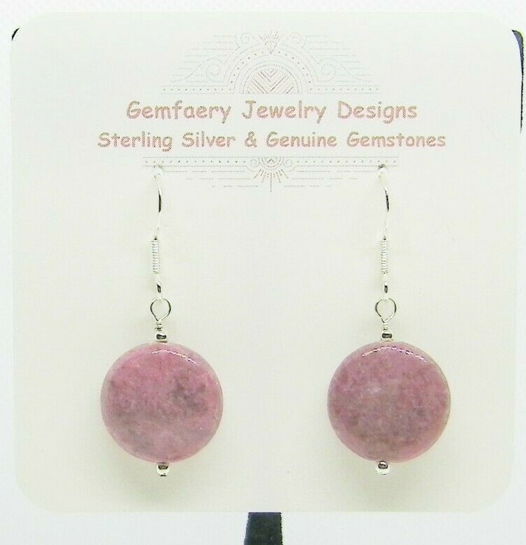 Sterling Silver Natural RHODONITE Gemstone Dangle Earrings #1147…Handmade USA