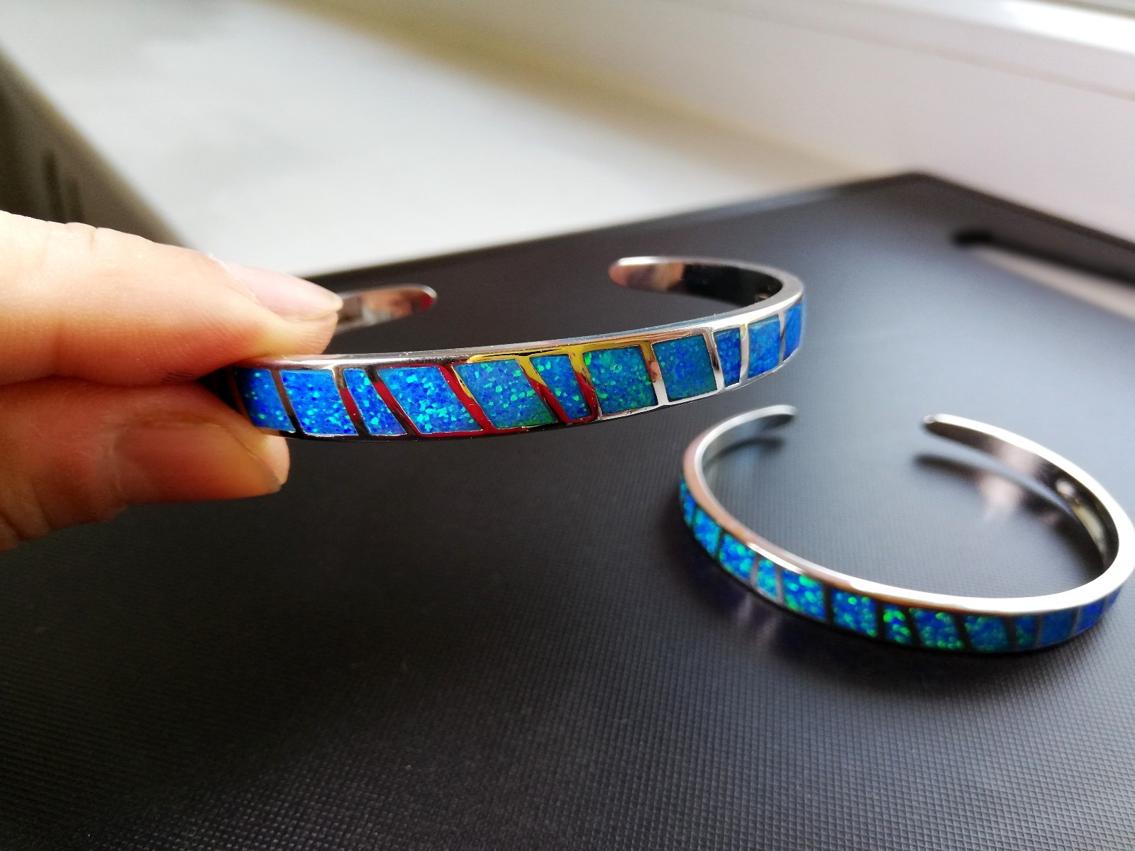 Blue Opal Bracelet Fire Opal Bangle Stainless Steel Silver Bigsam Opal Hoop