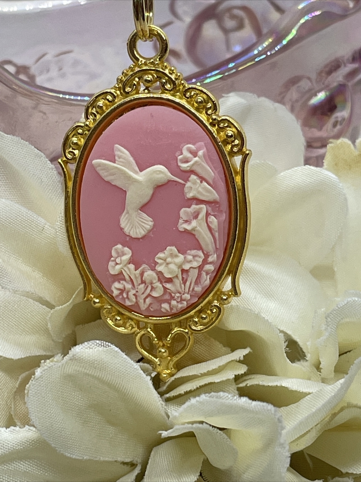 PINK Hummingbird Necklace Heart Cameo Mom Daughter Gold wedding JEWELRY Easter