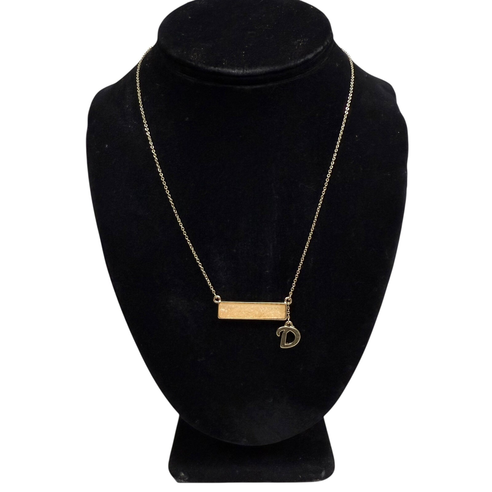 Stephanie and Co Gold Tone Bar Druzy Initial D Pendant Necklace Jewelry 8 in L