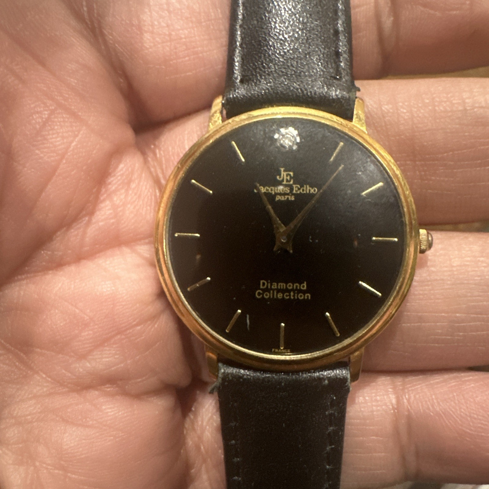Works Jacques Edho Paris Diamond Quartz Mens watch 18K Gold Plate Black Leather