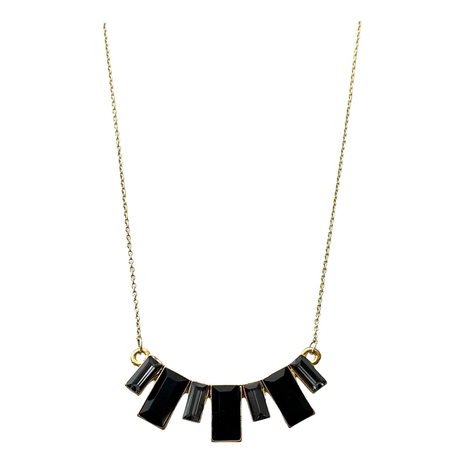 Necklace CZ Jet Black Diamond Curved Emerald Cut Drop Pendant Gold Chain 16.5″