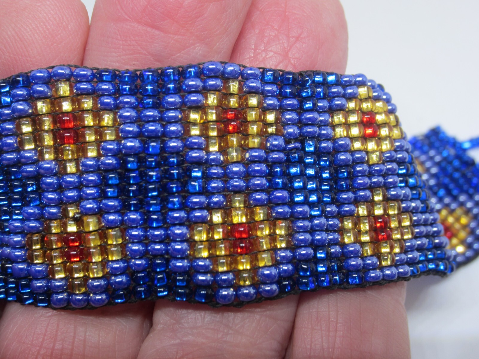 Woven Bracelet Boho Ethnic Glass Seed Bead Blue Gold Beaded Band Jewelry OOAK
