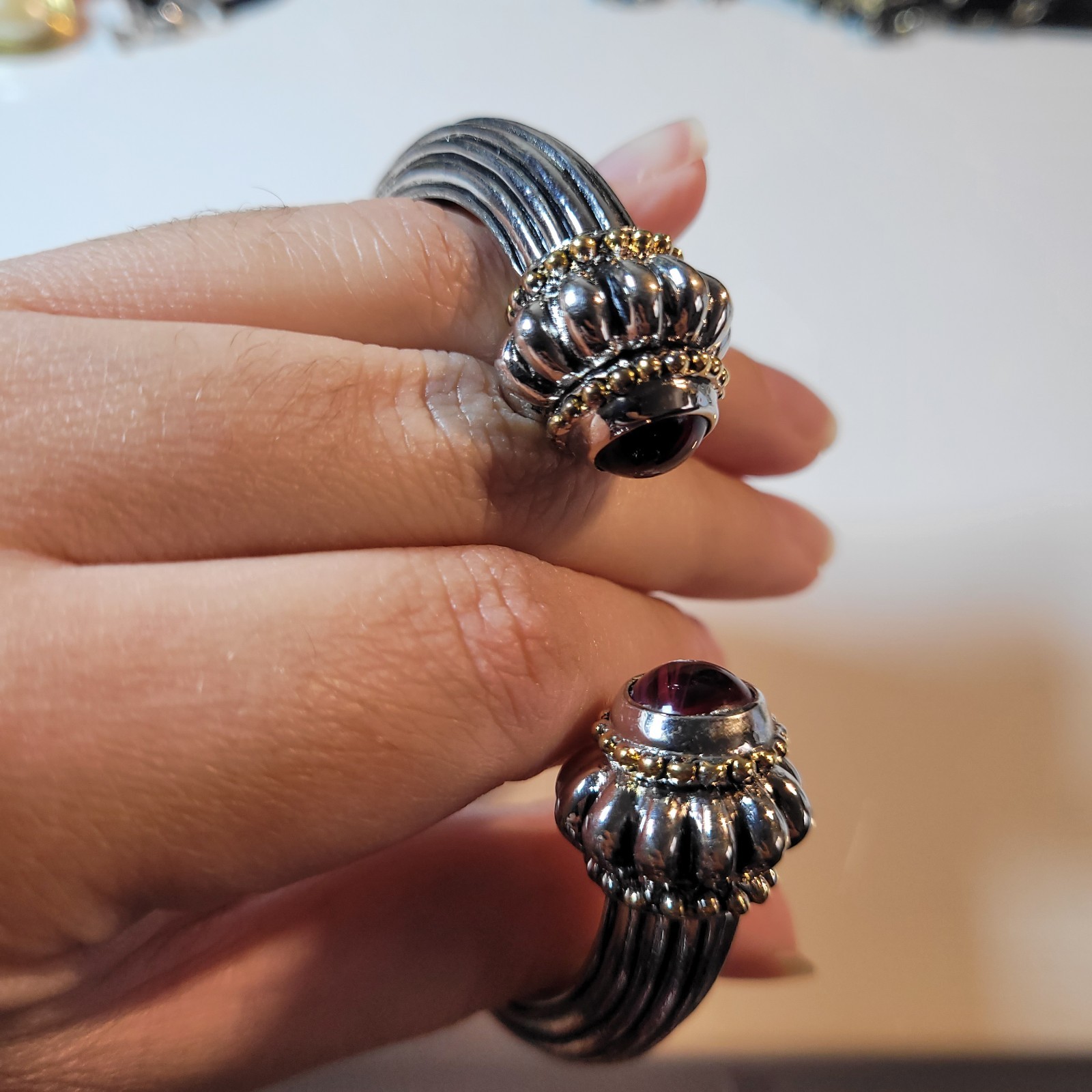 Vintage Heavy Silver And Gold Hinged Bangle Bracelet With Dark Burgundy Stones