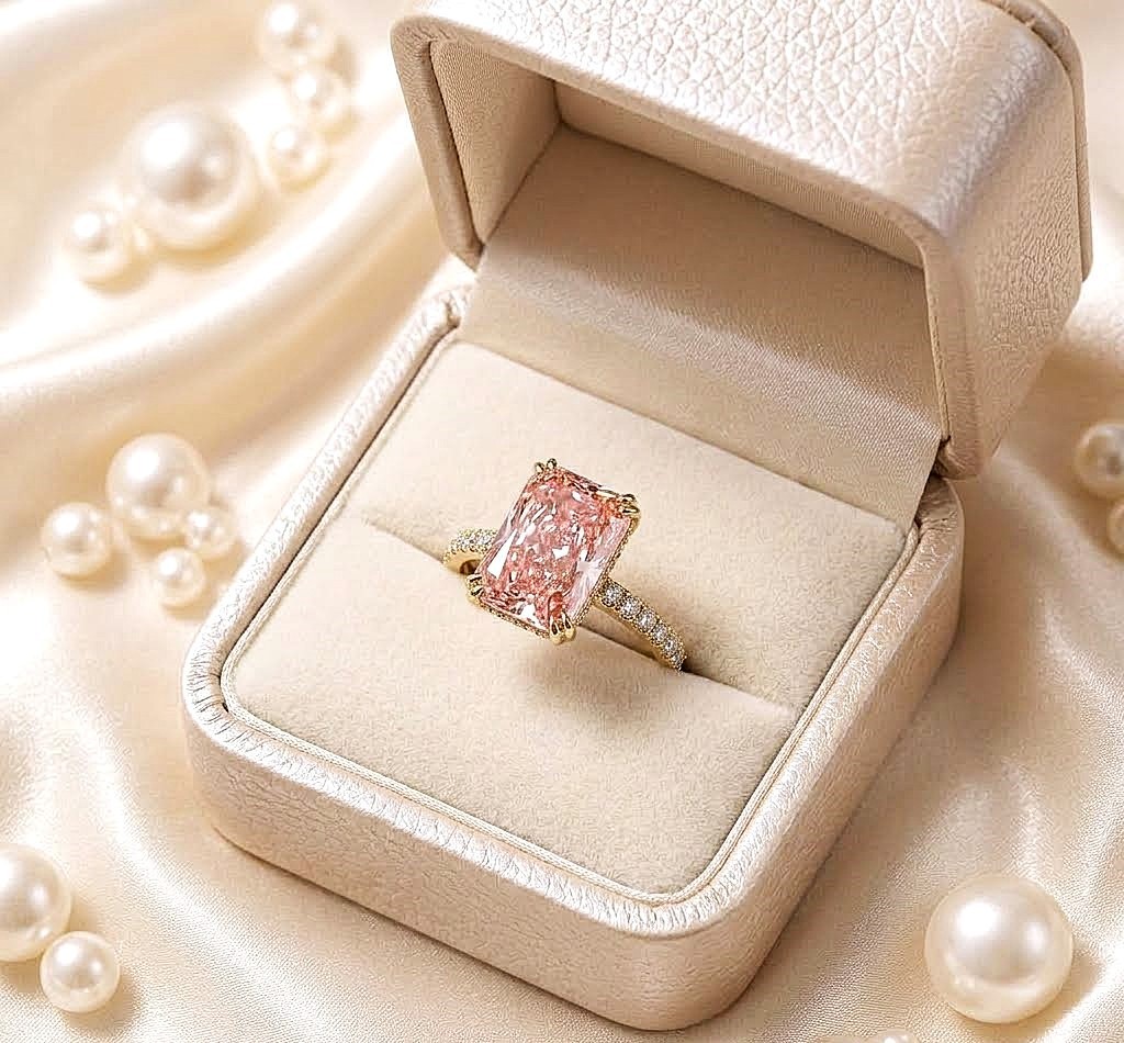 IGI Lab Grown Fancy Vivid Pink Diamond Ring 4.25 Ct Radiant Cut 14k Yellow Gold