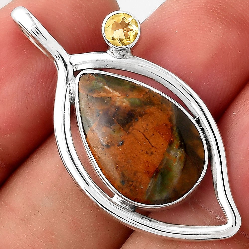 Turkish Rainforest Chrysocolla and Citrine 925 Silver Pendant Jewelry P-1640