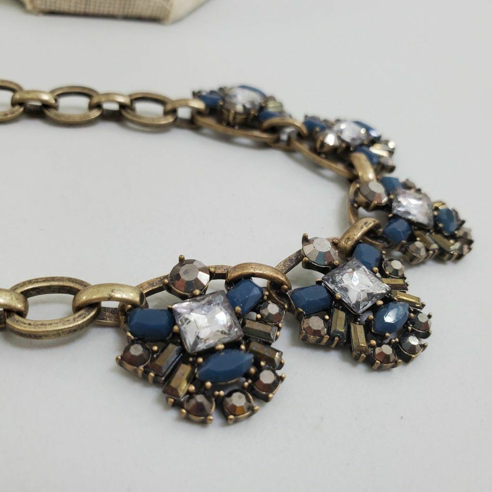 Ann Taylor Loft Necklace Statement Blue Rhinestone Gold Tone Chain Gray