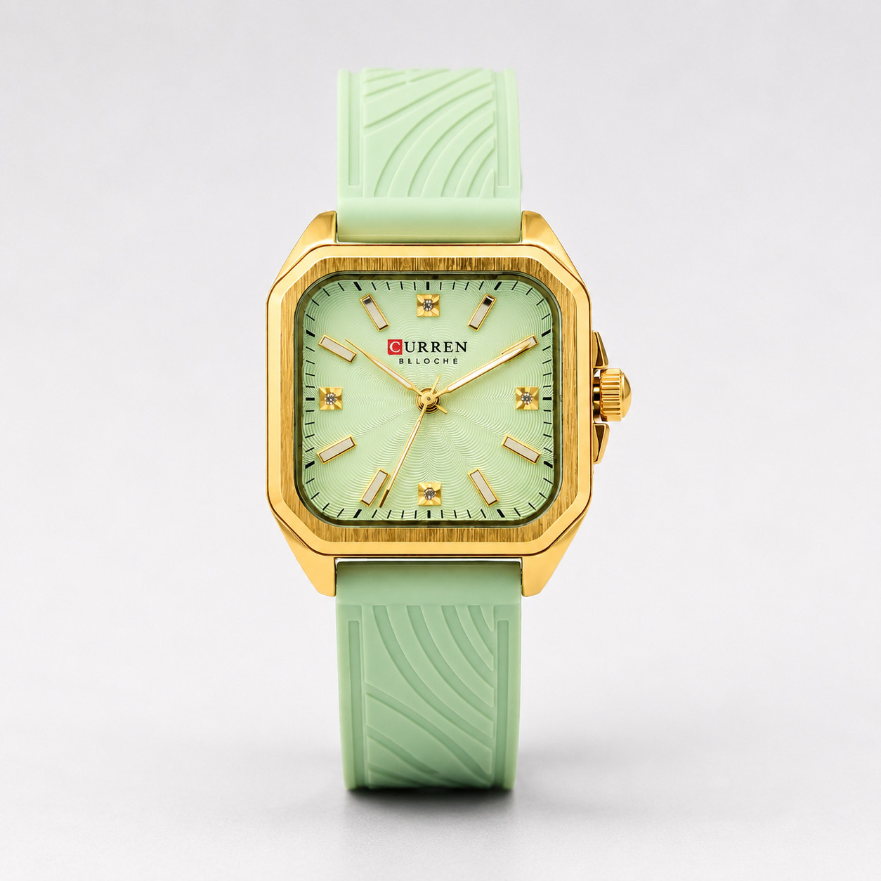 CURREN Women’s Mint Green Silicone Strap Watch Gold Square Quartz 3ATM