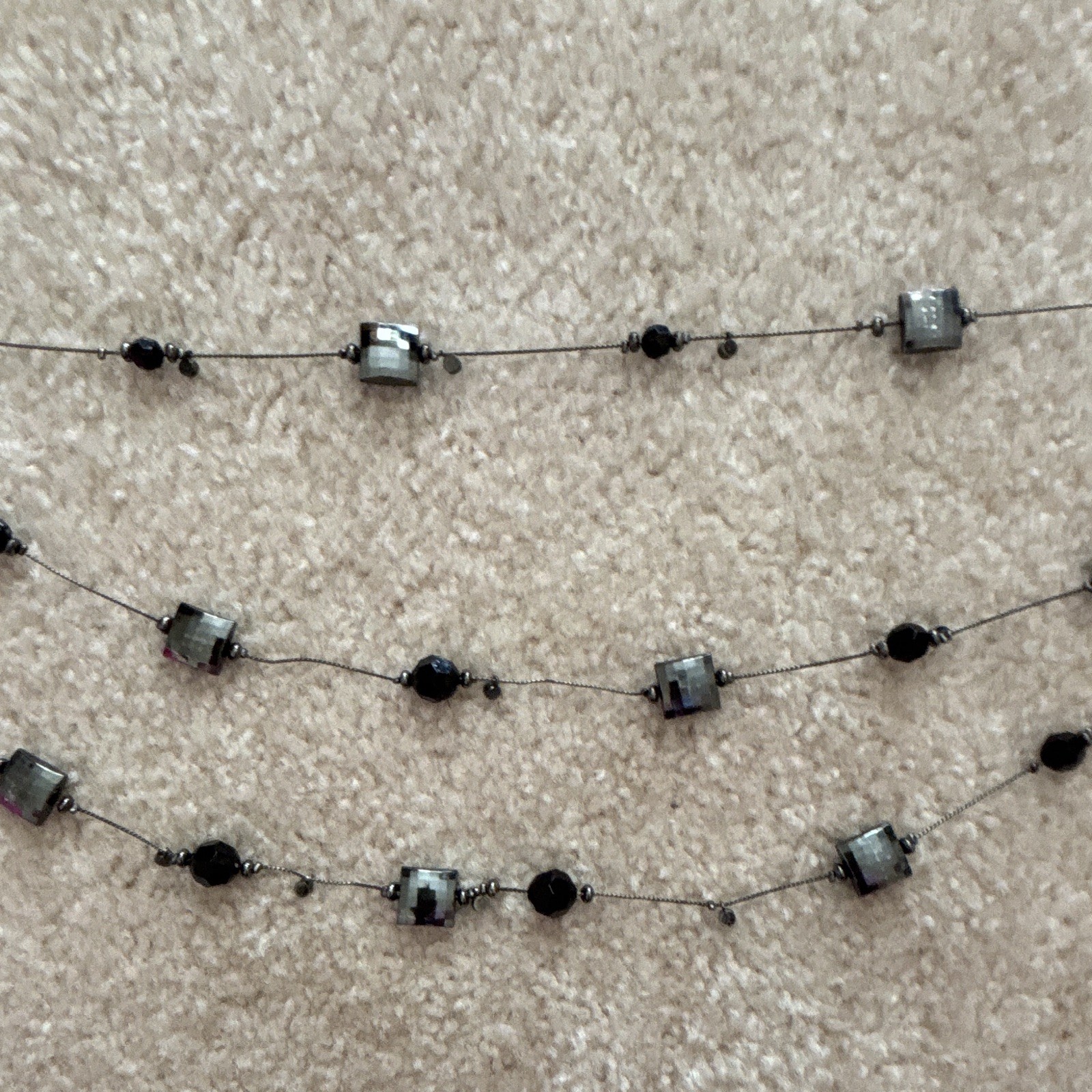 Multi-Strand Layered Beaded Necklace, Black/Gray Glass Beads, Silver Tone Wire