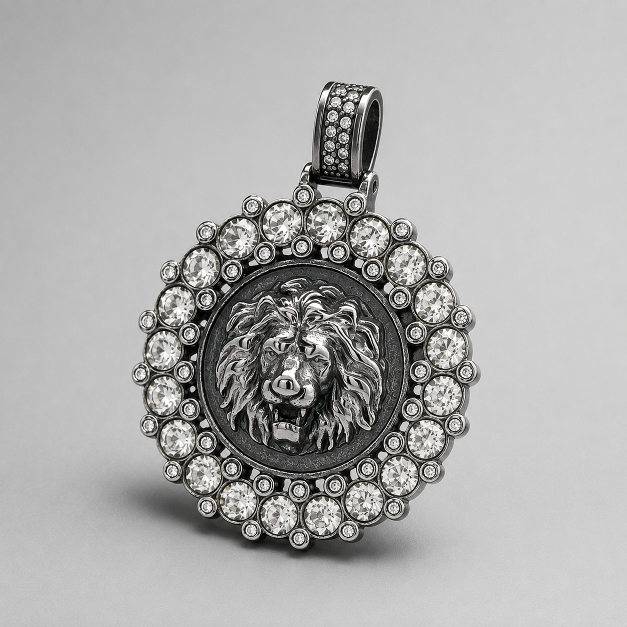Iced Lion Head Pendant Silver Plated Steel CZ Hip Hop Men’s Jewelry