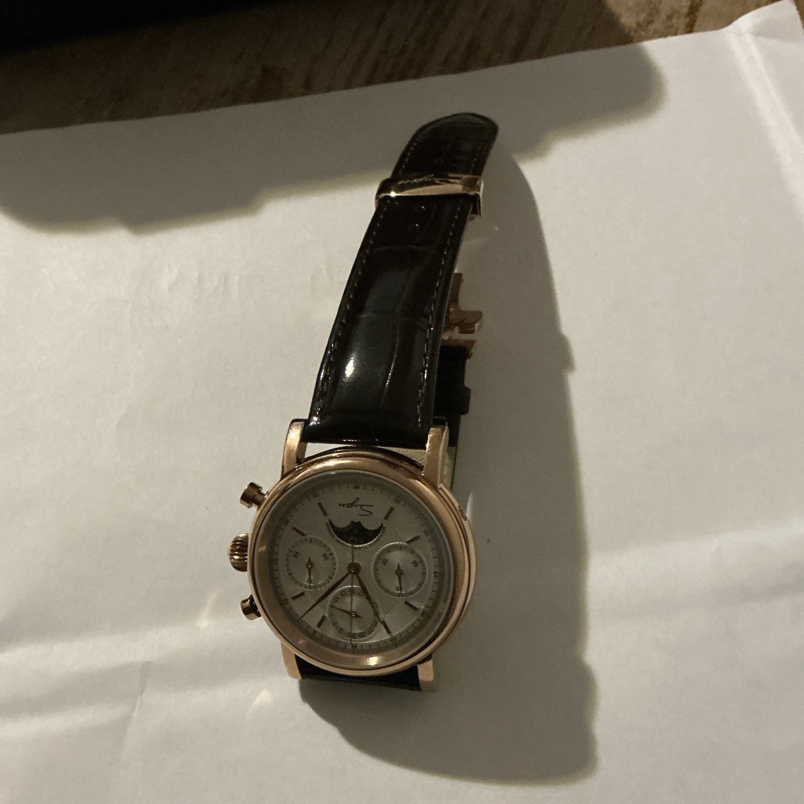 Sugess Seestern Moon Phase Chronograph Manual Mechanical Rose Gold Box Papers