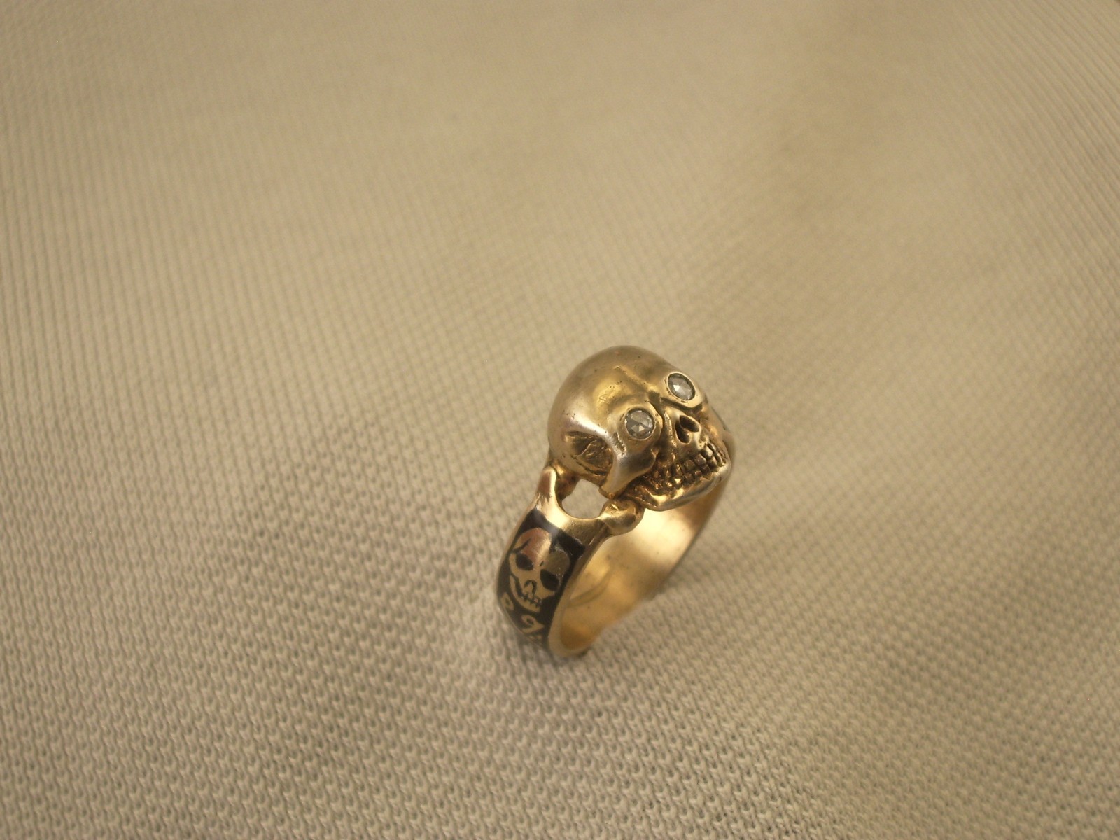 Antique Vtg Gold plated silver enamel diamond masonic memento mori ring Sz7.5