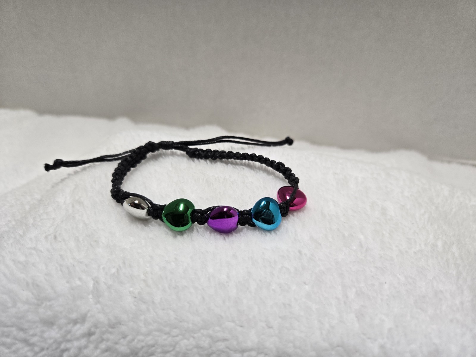 Black Corded Bracelet With Multi-Color Interwoven Heart Accents NWOT