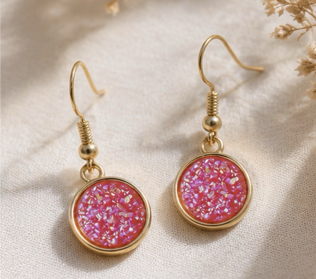 Pink Druzy Resin Dangle Earrings, Gold Tone Minimalist Jewelry