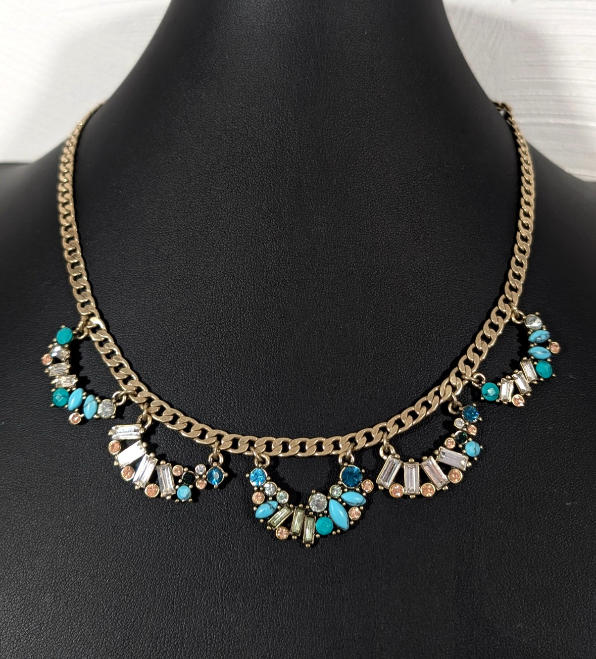 Chloe + Isabel Blue Peach Rhinestone Gold Tone Statement Necklace Boho Chic 19″