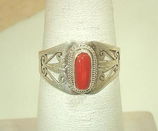 Solid 925 Silver Hand-Crafted Nepal Himalayan Scrolls Genuine Red Coral Ring