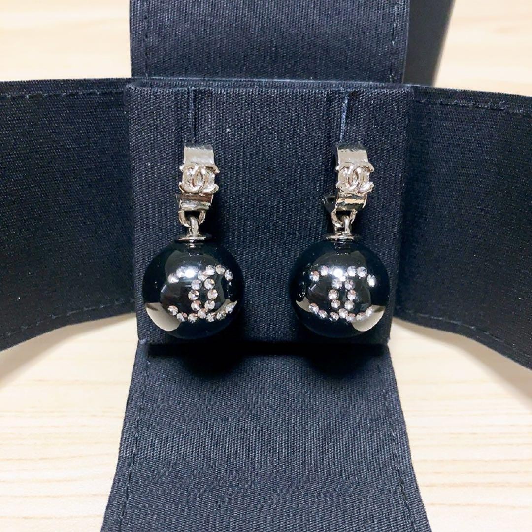 CHANEL Earrings Black Silver Coco Mark Logo Ball Rhinestone Resin Accessory