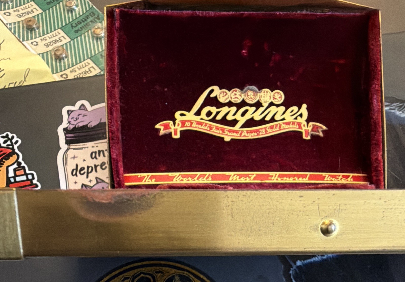 Vintage Longines Watch Box Red Velvet Metal Coffin Case Worlds Most Honored Empt