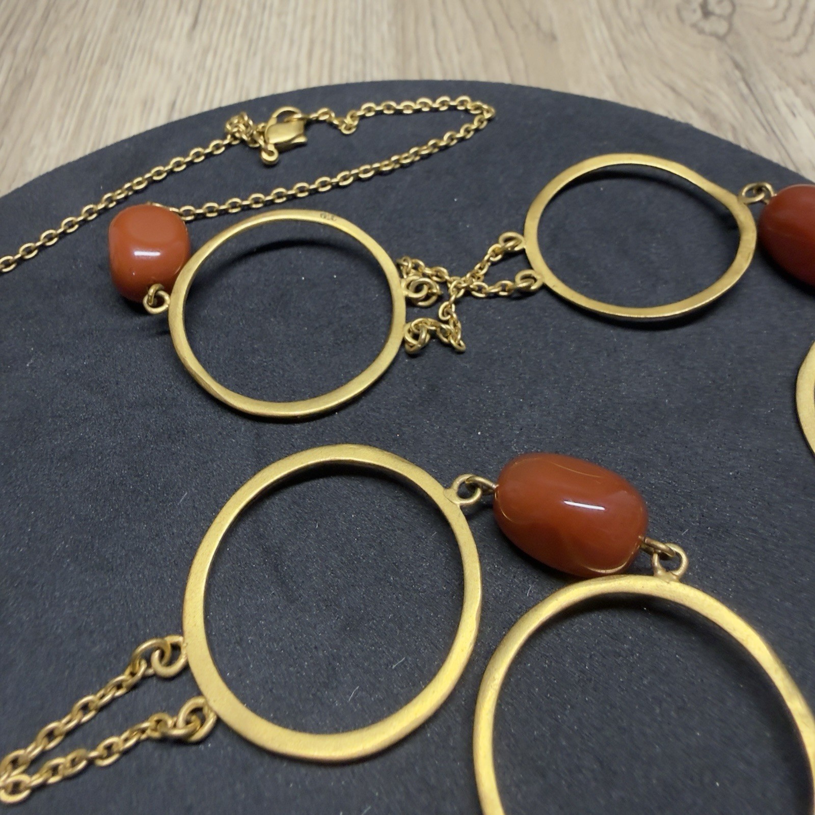 RETRO Carnelian Station Necklace Gold Plated Rings Designer Statement 82cm Long