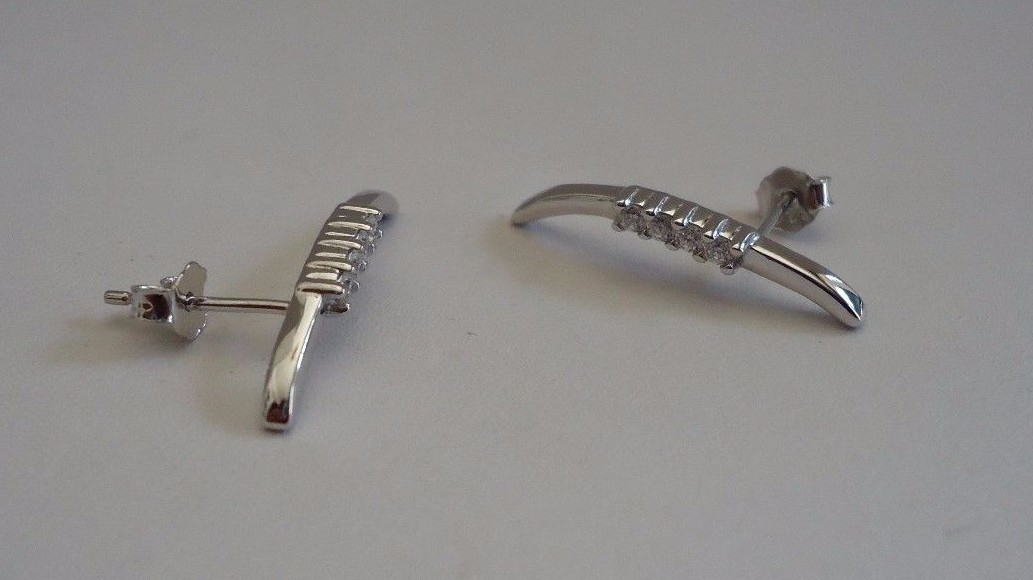 925 STERLING SILVER MODERN STUD EARRINGS W/ .25 CT ACCENTS / 21MM BY 3MM