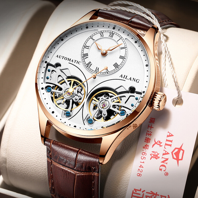 AILANG Men’s Watch Hollow Double Flywheel Automatic Mechanical Wristwatches