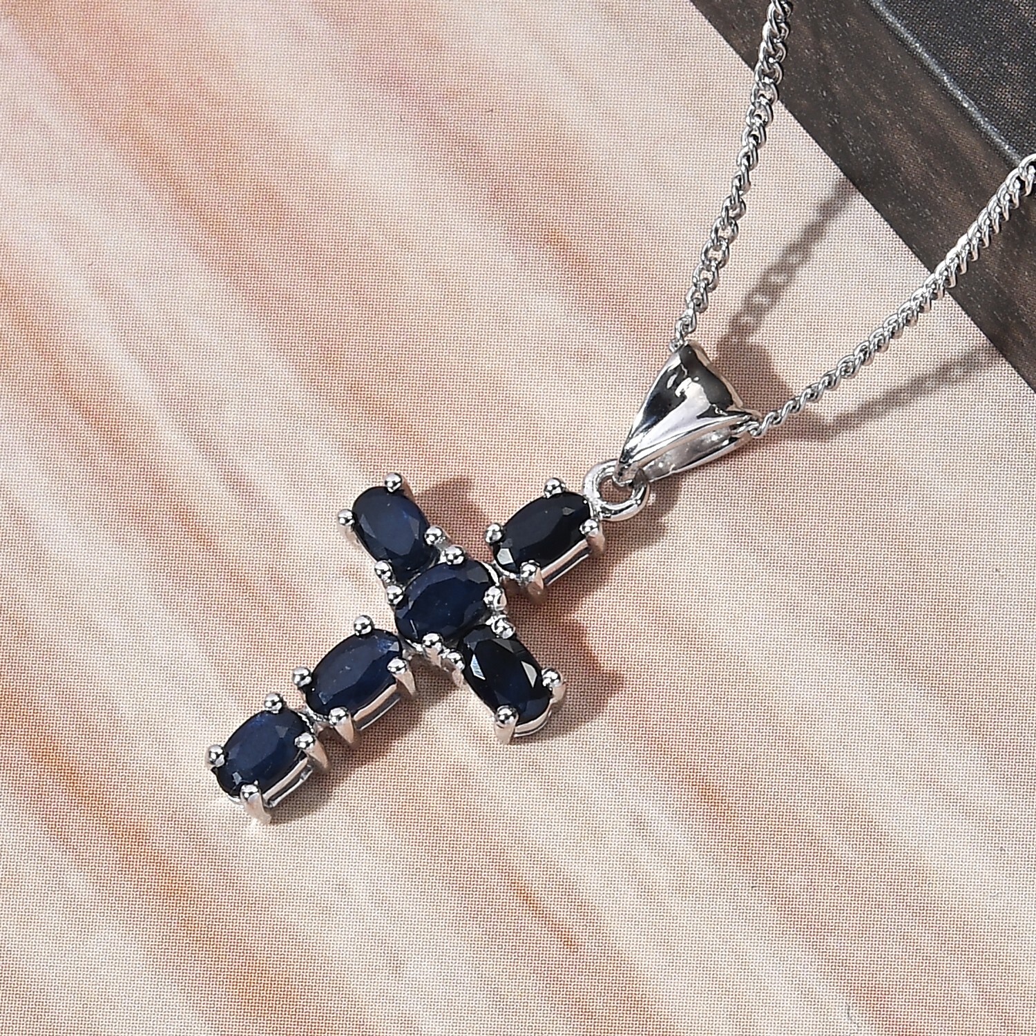 Diffused Blue Sapphire Cross Pendant Necklace 925 Silver Religious necklace