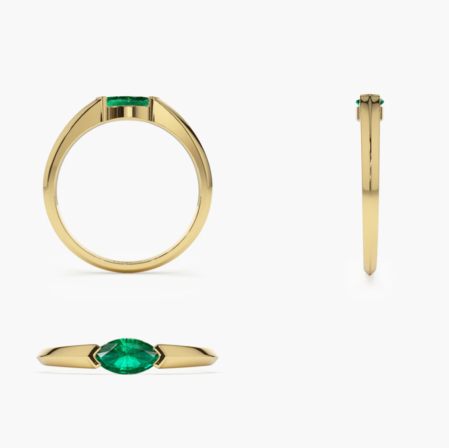 Gold Ring 14K 585 Yellow Gold Marquise Cut Emerald Ring Real and Natural