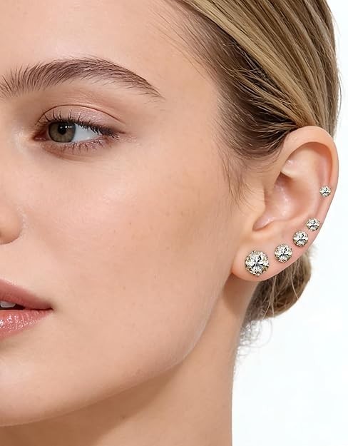 5 Pairs 14K Gold Silver Stainless Steel CZ Stud Earrings Set Women Men 3-7mm