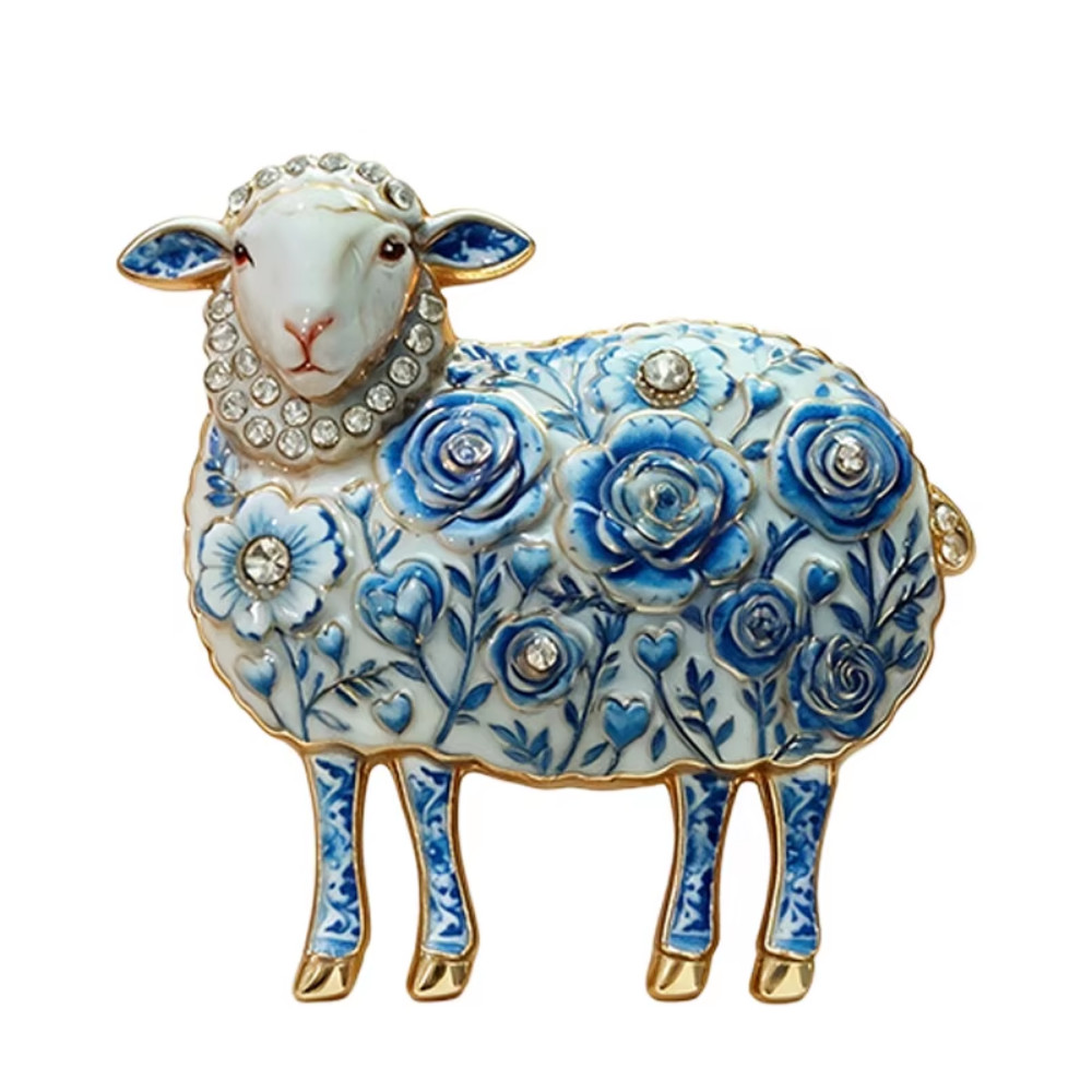 Blue White Porcelain Pattern Sheep Brooch Pin Vintage Gold Crystal Jewelry Gift
