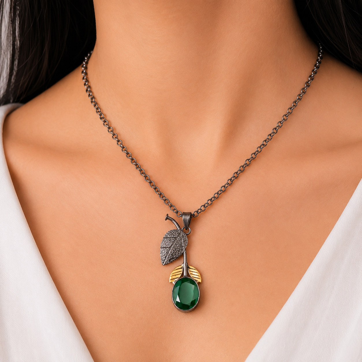 Green Onyx Gemstone Jewelry 925 Silver Handmade Tree Leaf Pendant 1.69″ For Her