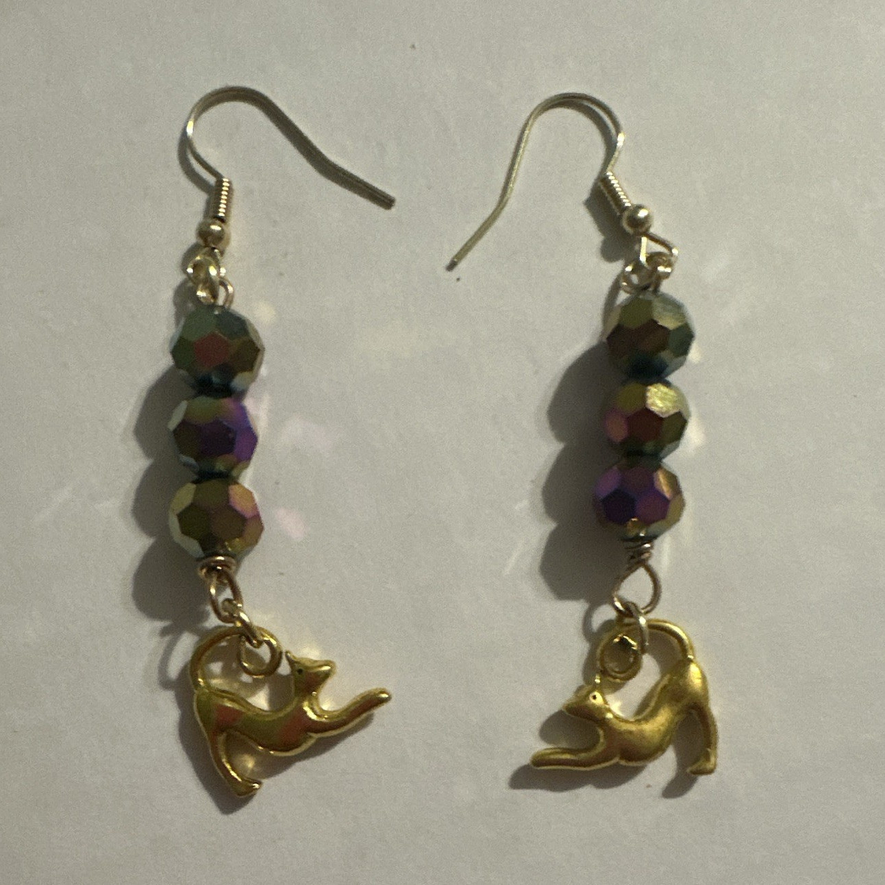 Gold Tone cat Charm Dangle Earrings, Multicolor Round Crystal Bead, Hook