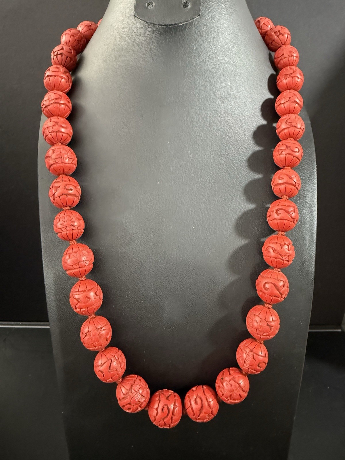Vintage Chinese Export 24″ Necklace Hand Carved Red Cinnabar Lacquer Beads H12